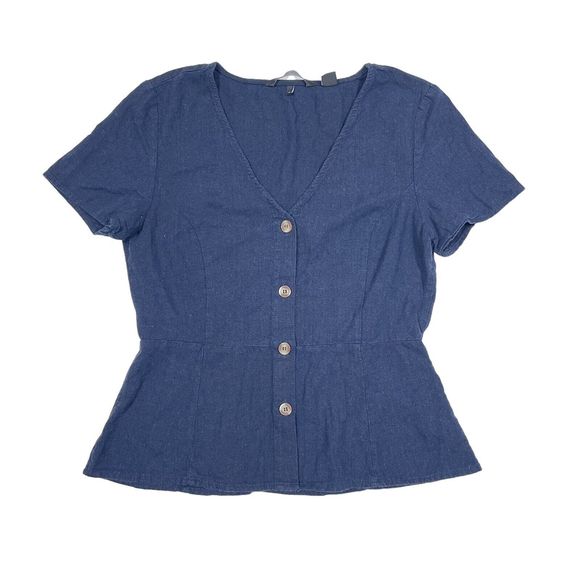 Vera Moda Top Women’s Size Medium Navy‎ Blue Button Front Short Sleeve V Neck - Picture 1 of 9